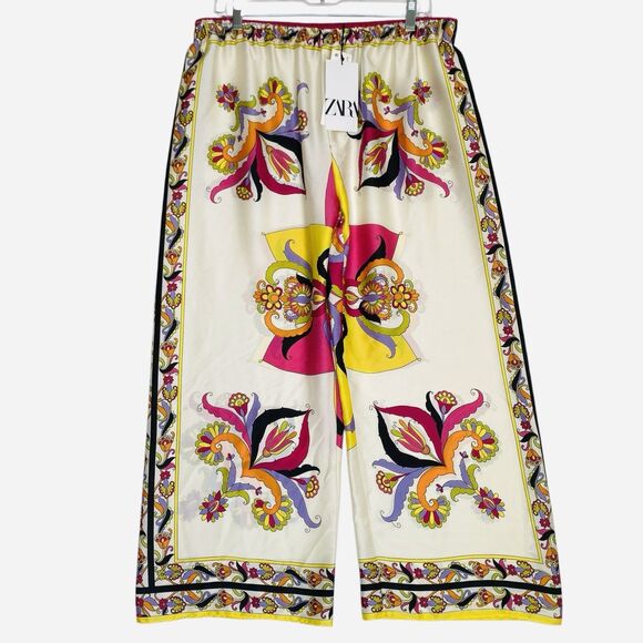 Zara Wide Leg Cropped Pants Women L Muticolor Scarf Print Silky Pull On - Picture 1 of 10